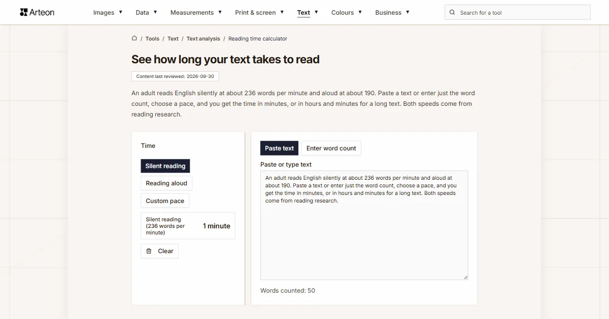 Arteon free tool screenshot: See how long your text takes to read
