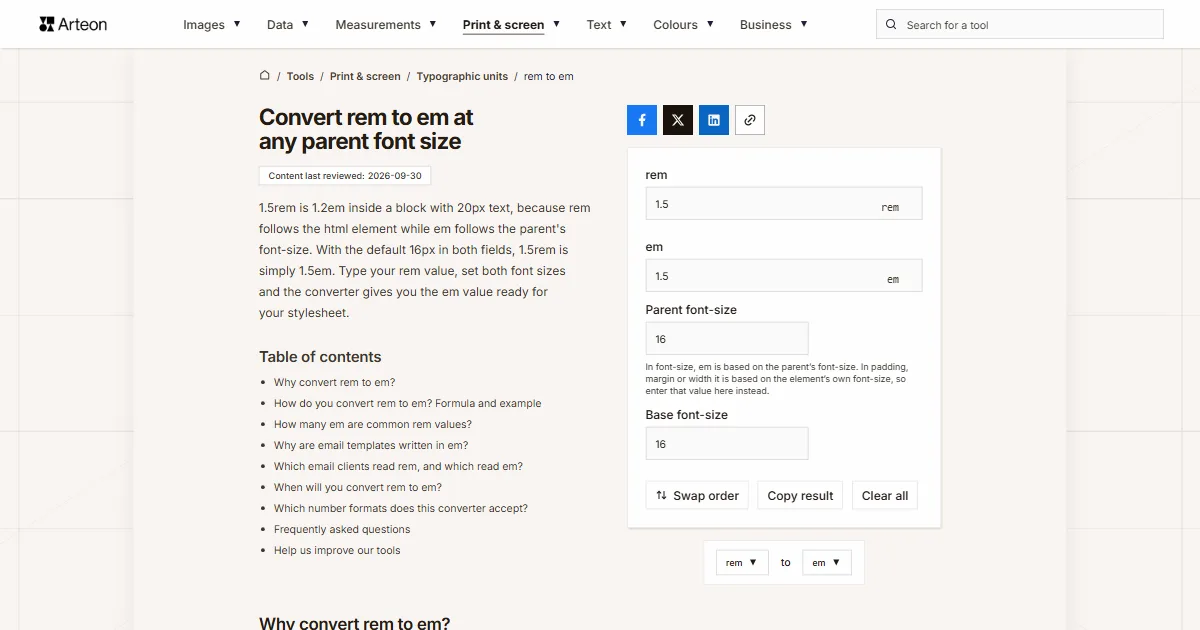 Arteon free tool screenshot: Convert rem to em at any parent font size