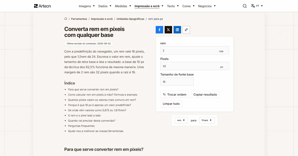 Captura de ecrã da ferramenta gratuita da Arteon: Converta rem em píxeis com qualquer base