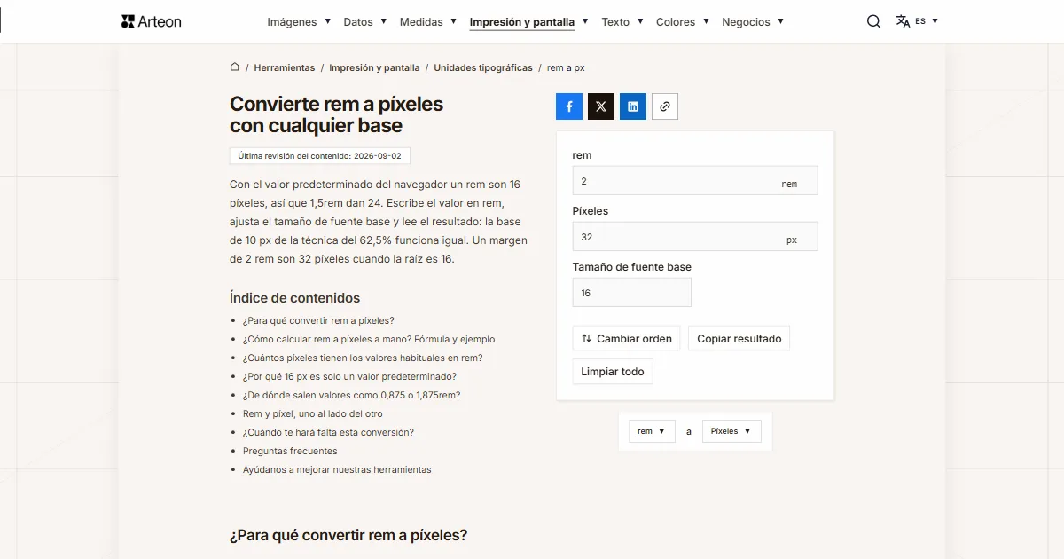 Captura de pantalla de la herramienta gratuita de Arteon: Convierte rem a píxeles con cualquier base