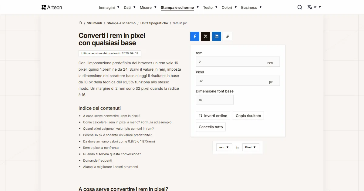 Screenshot dello strumento gratuito Arteon: Converti i rem in pixel con qualsiasi base