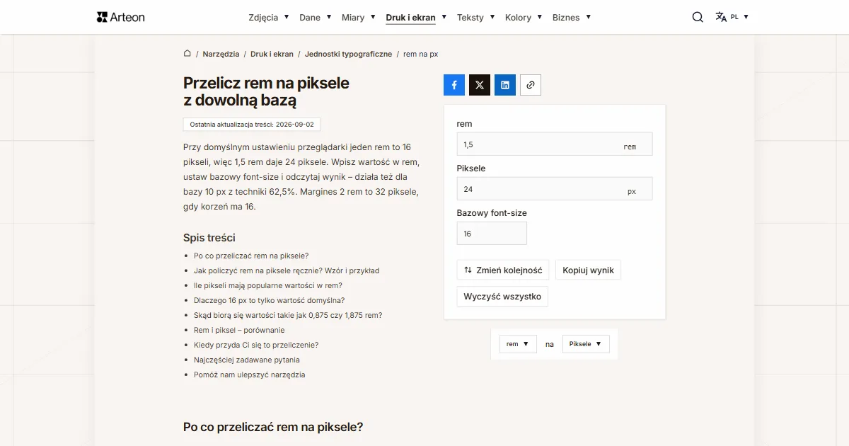 Zrzut ekranu darmowego narzędzia Arteon: Przelicz rem na piksele z dowolną bazą