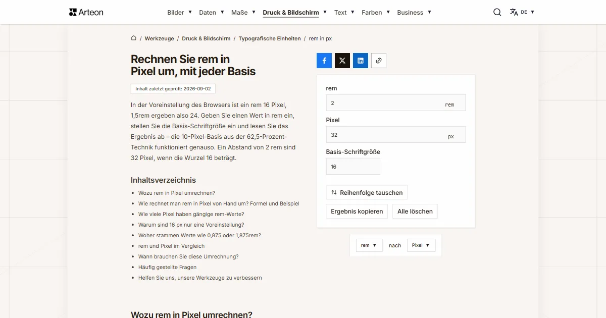 Screenshot des kostenlosen Arteon-Werkzeugs: Rechnen Sie rem in Pixel um, mit jeder Basis