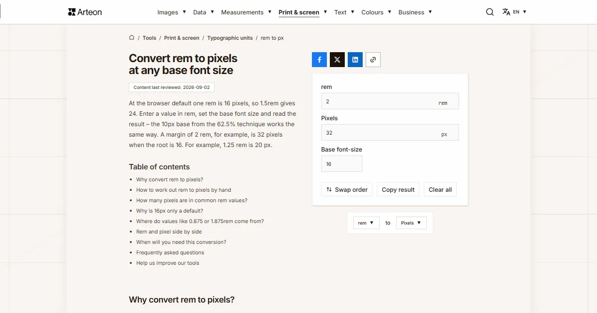 Arteon free tool screenshot: Convert rem to pixels at any base font size
