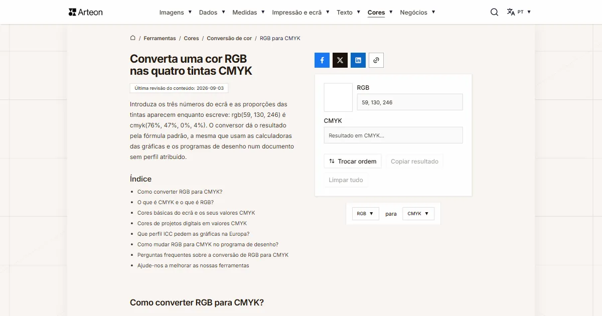 Captura de ecrã da ferramenta gratuita da Arteon: Converta uma cor RGB nas quatro tintas CMYK