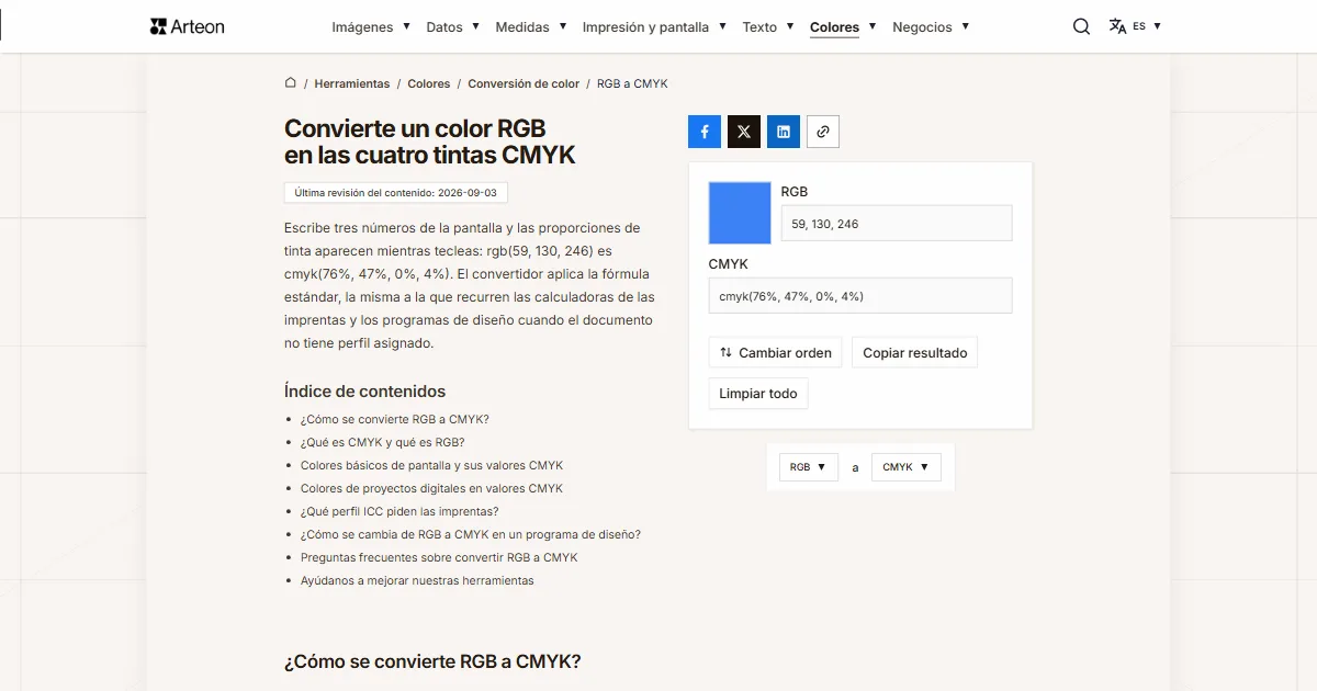 Captura de pantalla de la herramienta gratuita de Arteon: Convierte un color RGB en las cuatro tintas CMYK