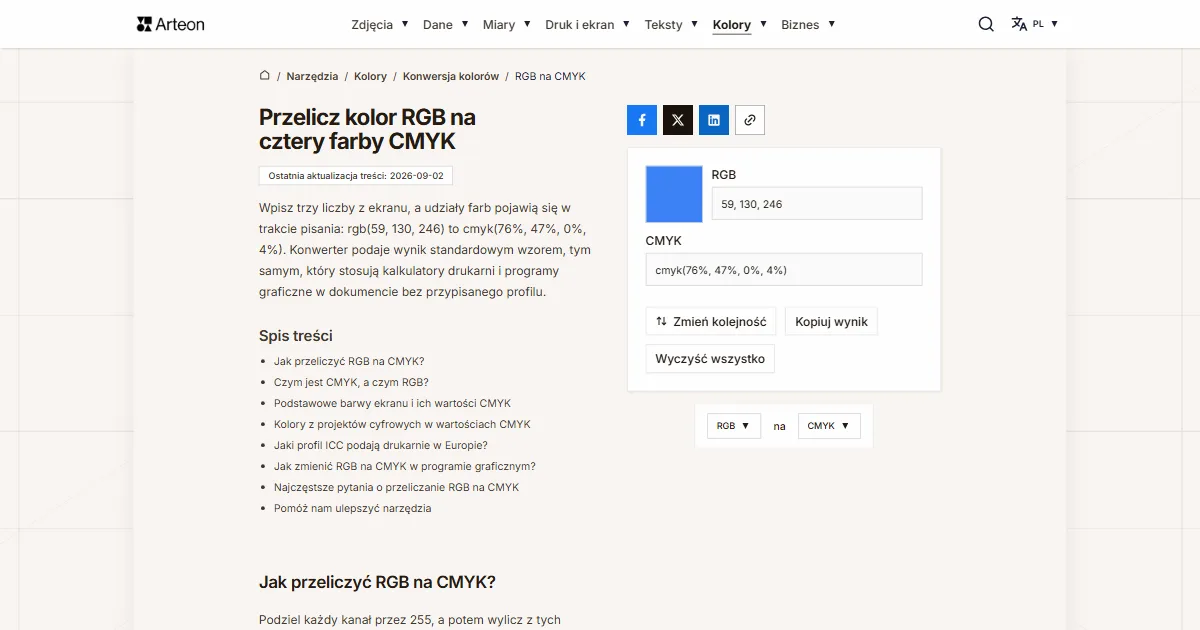 Zrzut ekranu darmowego narzędzia Arteon: Przelicz kolor RGB na cztery farby CMYK