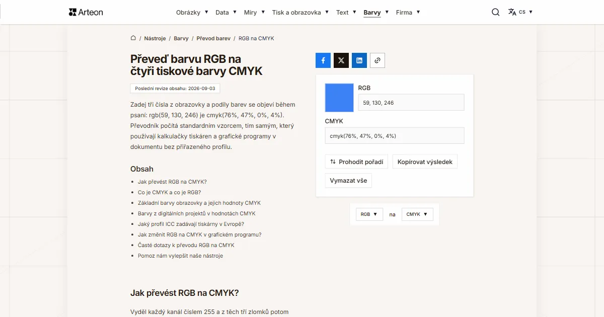 Snímek obrazovky bezplatného nástroje Arteon: Převeď barvu RGB na čtyři tiskové barvy CMYK