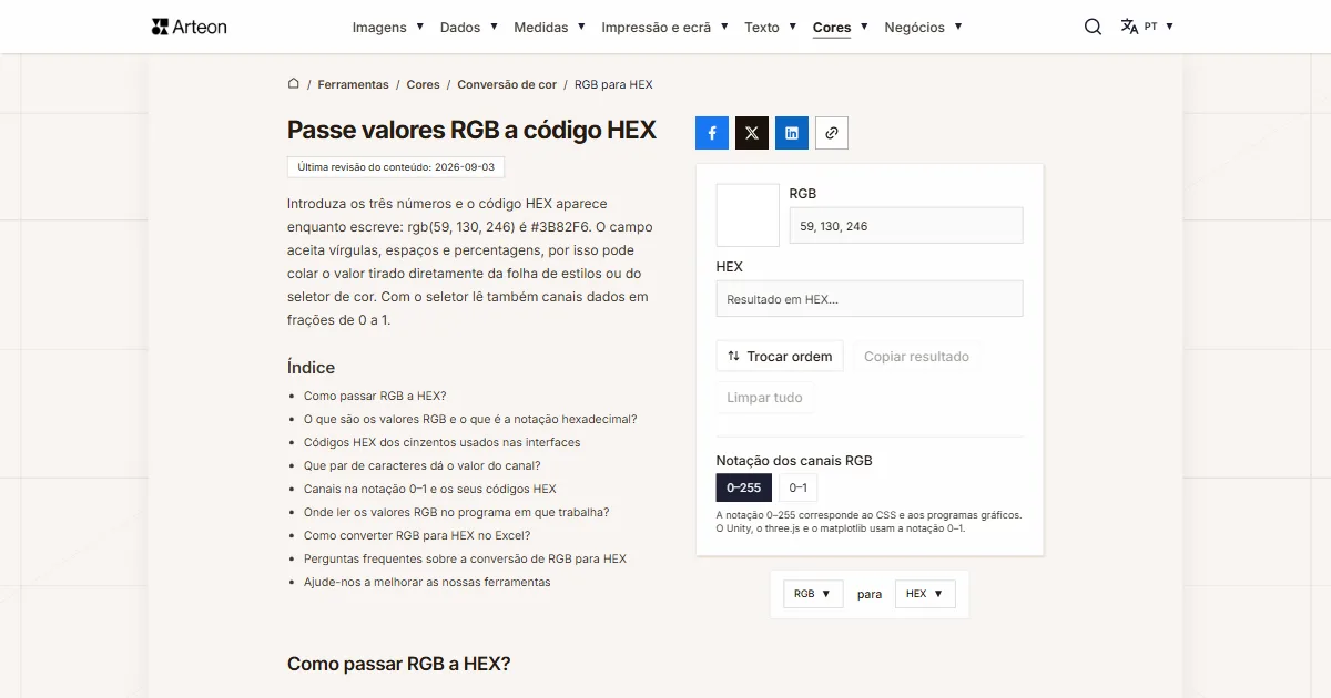 Captura de ecrã da ferramenta gratuita da Arteon: Passe valores RGB a código HEX
