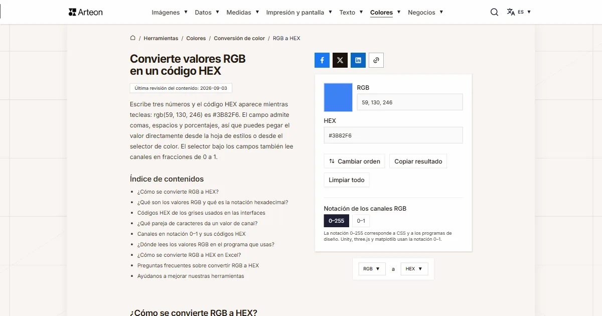 Captura de pantalla de la herramienta gratuita de Arteon: Convierte valores RGB en un código HEX