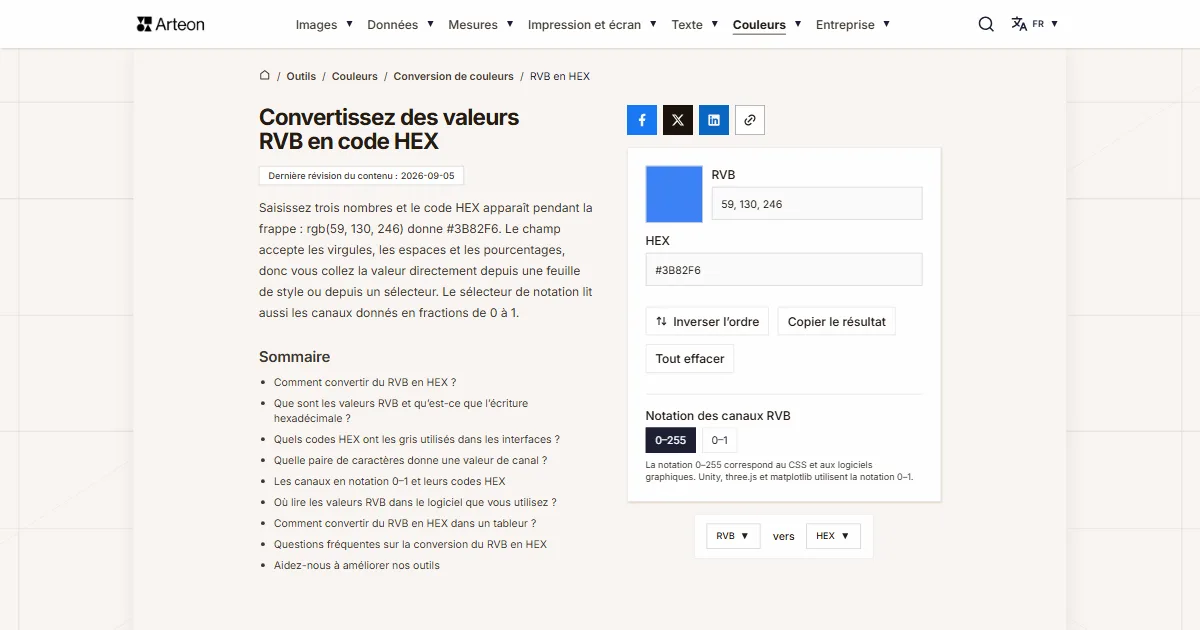 Capture d'écran de l'outil gratuit d'Arteon: Convertissez des valeurs RVB en code HEX