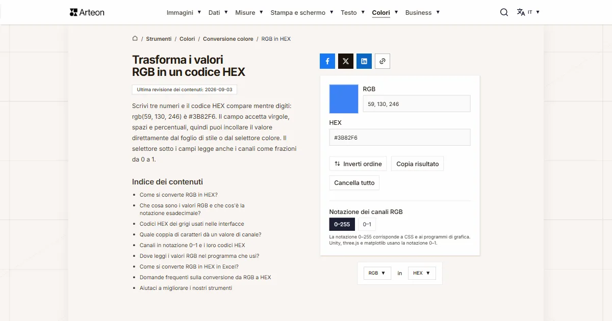 Screenshot dello strumento gratuito Arteon: Trasforma i valori RGB in un codice HEX