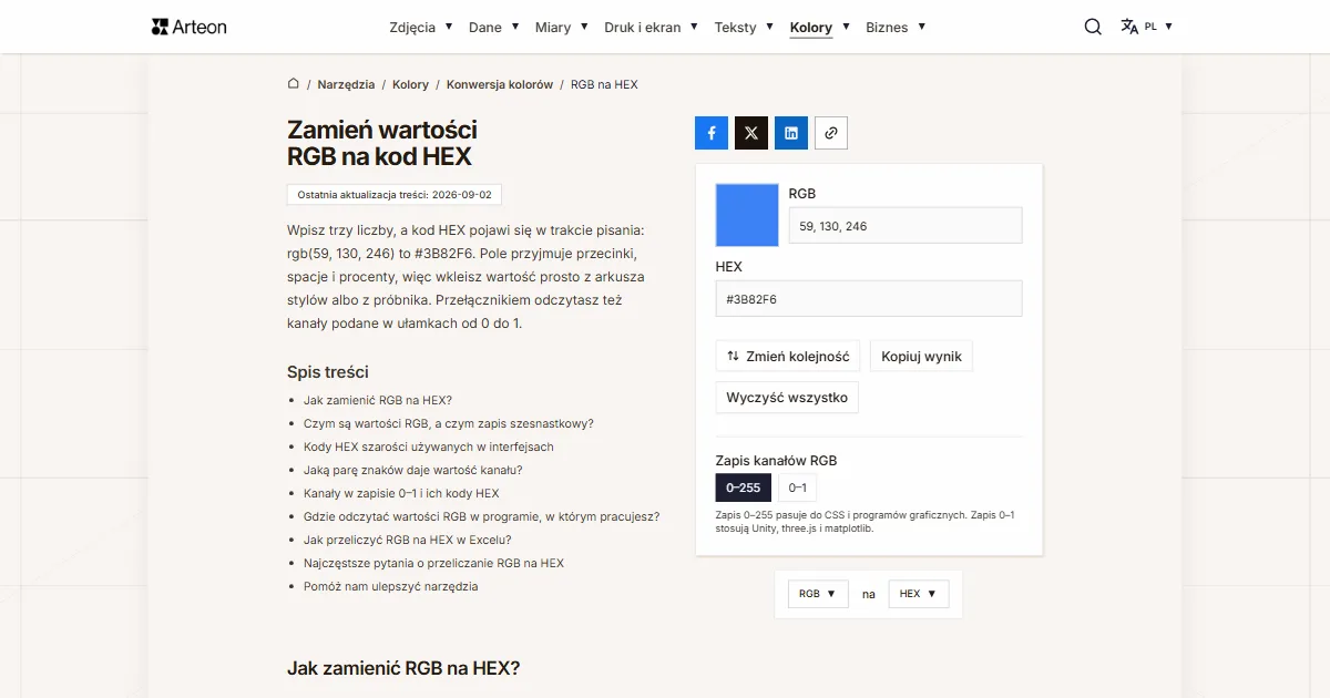 Zrzut ekranu darmowego narzędzia Arteon: Zamień wartości RGB na kod HEX