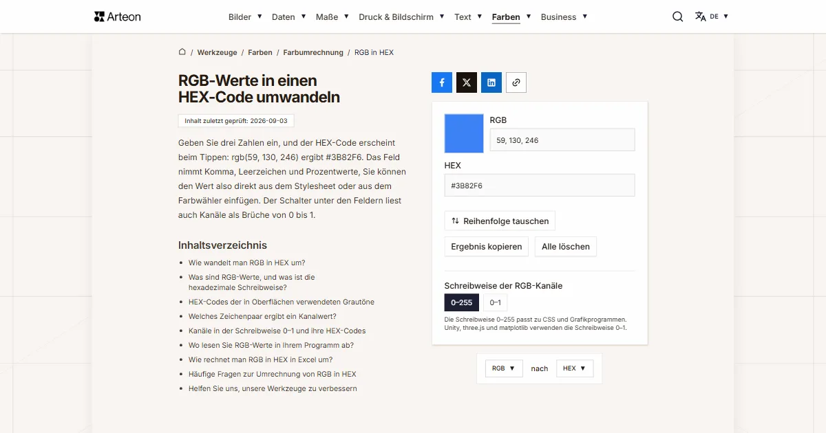 Screenshot des kostenlosen Arteon-Werkzeugs: RGB-Werte in einen HEX-Code umwandeln