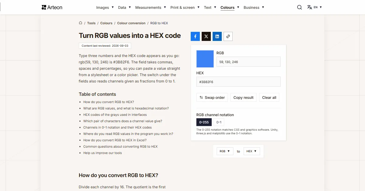 Arteon free tool screenshot: Turn RGB values into a HEX code