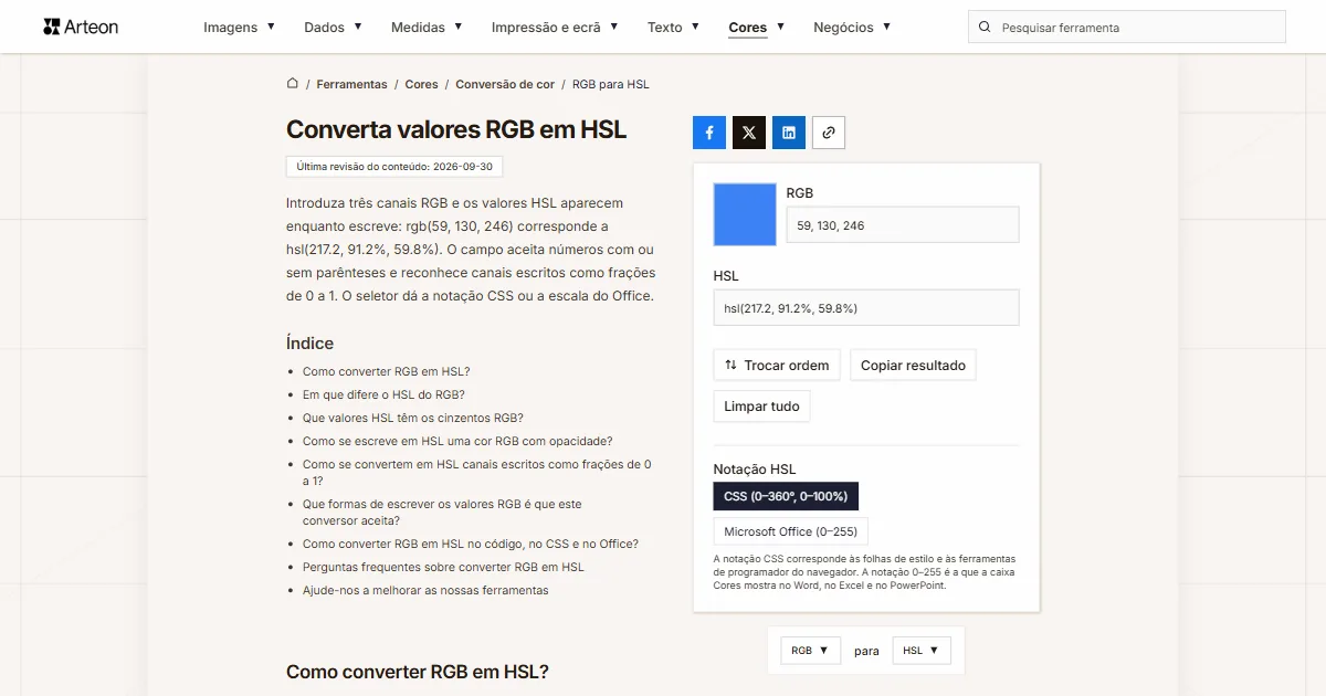 Captura de ecrã da ferramenta gratuita da Arteon: Converta valores RGB em HSL