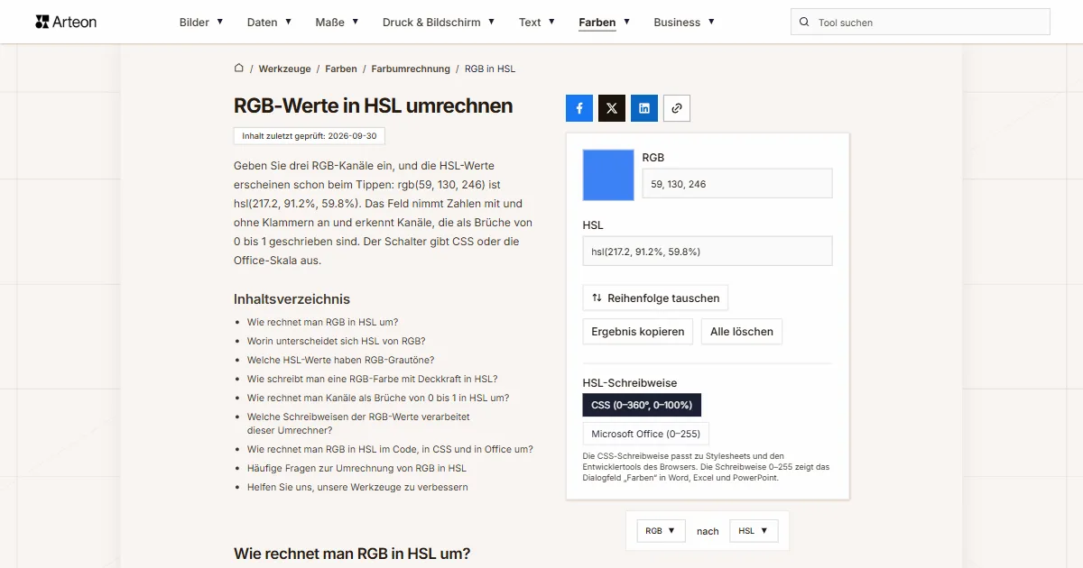 Screenshot des kostenlosen Arteon-Werkzeugs: RGB-Werte in HSL umrechnen