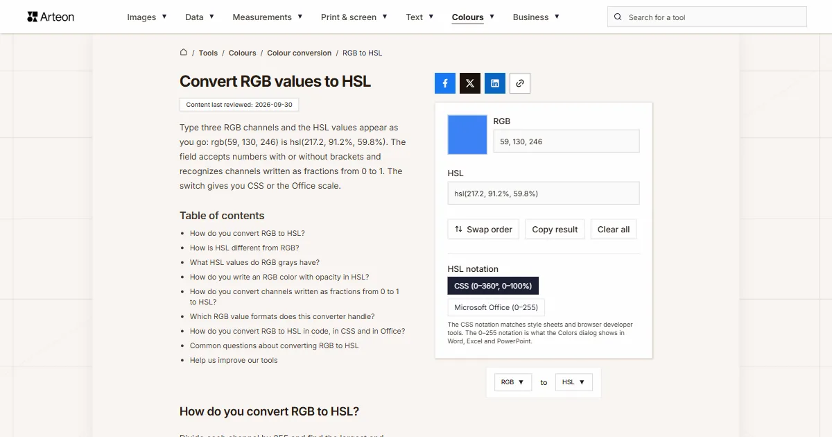 Arteon free tool screenshot: Convert RGB values to HSL