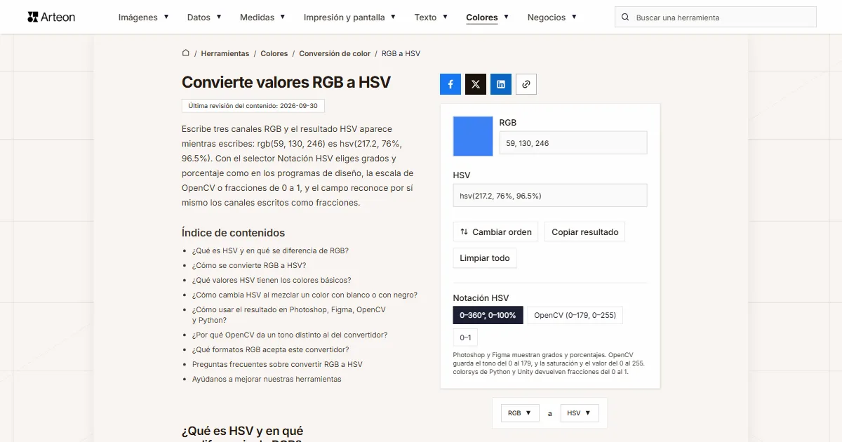 Captura de pantalla de la herramienta gratuita de Arteon: Convierte valores RGB a HSV