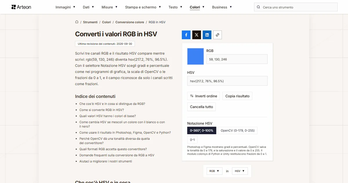 Screenshot dello strumento gratuito Arteon: Converti i valori RGB in HSV