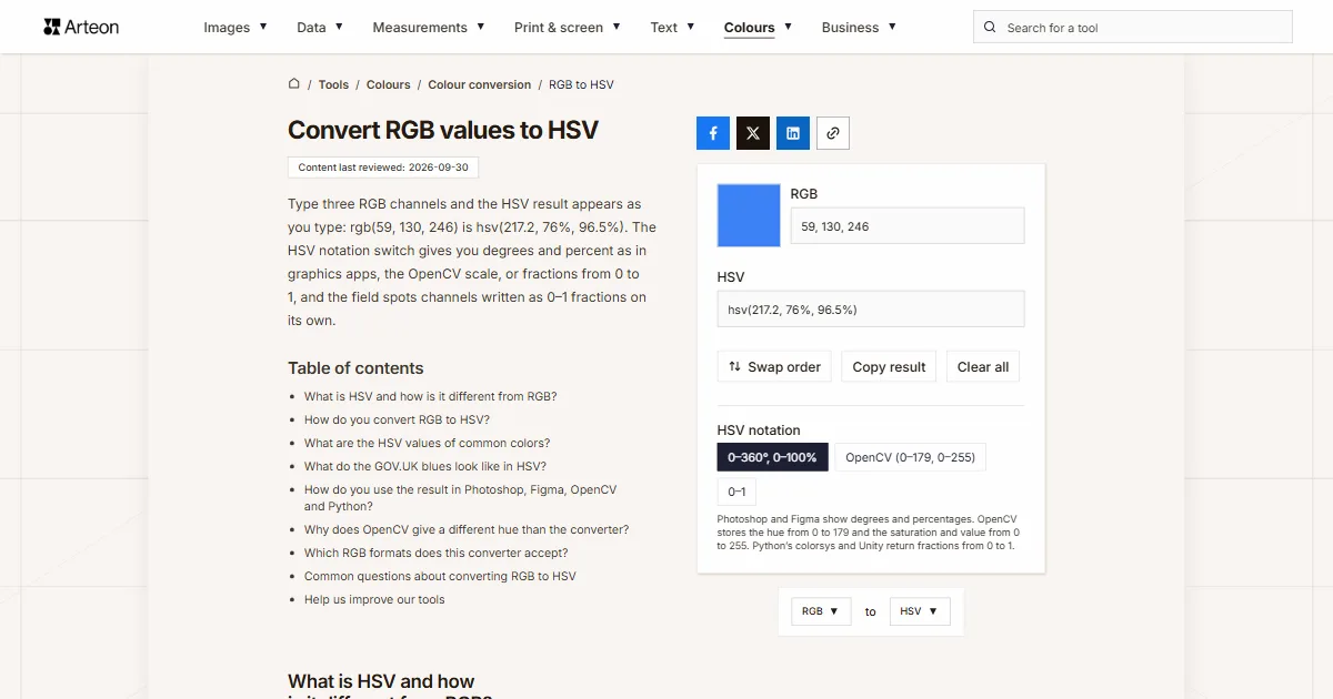 Arteon free tool screenshot: Convert RGB values to HSV