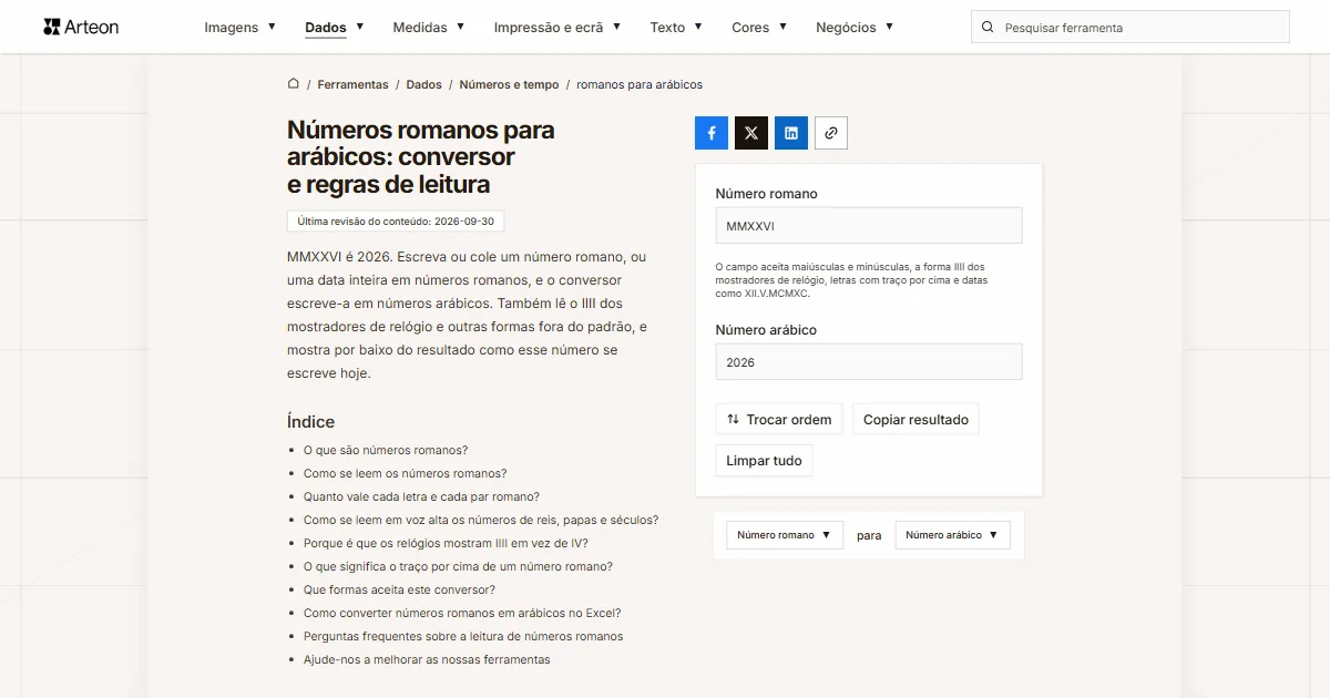 Captura de ecrã da ferramenta gratuita da Arteon: Números romanos para arábicos: conversor e regras de leitura