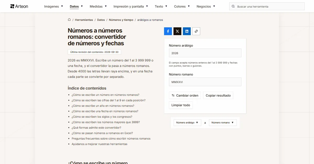 Captura de pantalla de la herramienta gratuita de Arteon: Números a números romanos: convertidor de números y fechas