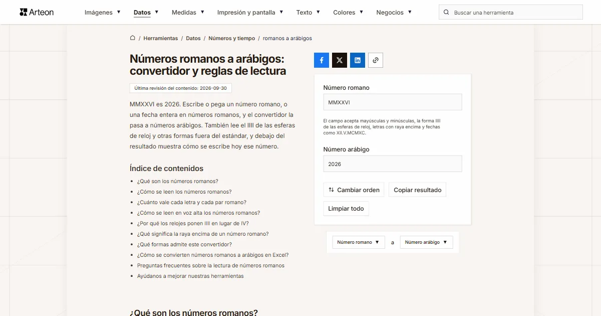 Captura de pantalla de la herramienta gratuita de Arteon: Números romanos a arábigos: convertidor y reglas de lectura