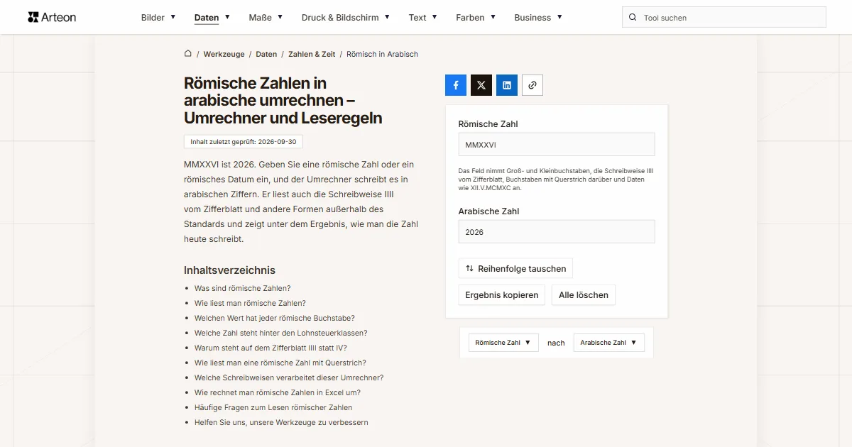 Screenshot des kostenlosen Arteon-Werkzeugs: Römische Zahlen in arabische umrechnen – Umrechner und Leseregeln