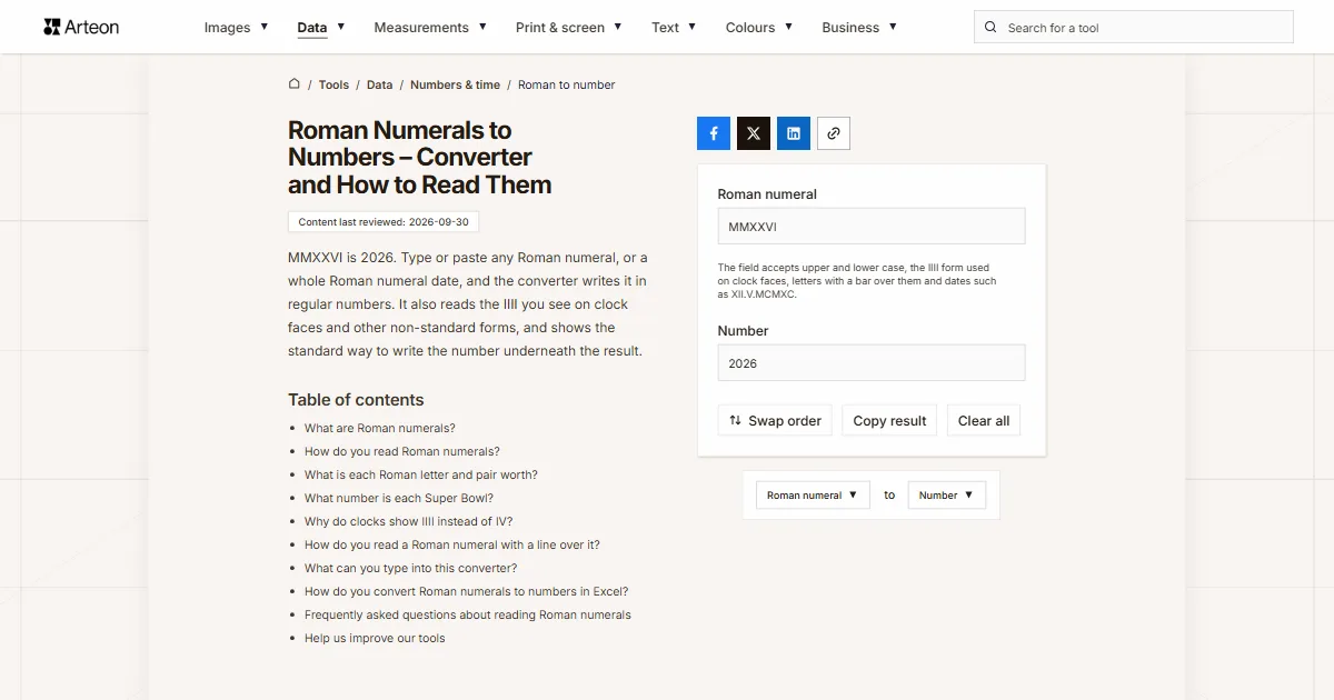 Arteon free tool screenshot: Roman Numerals to Numbers – Converter and How to Read Them