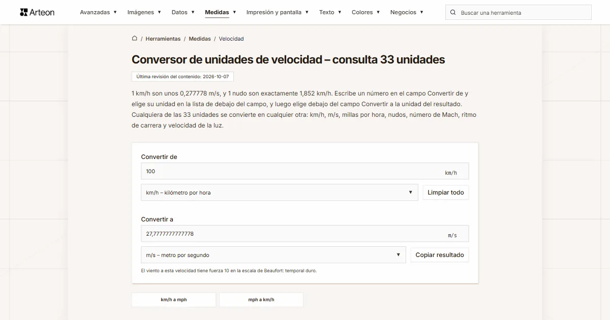 Captura de pantalla de la herramienta gratuita de Arteon: Conversor de unidades de velocidad – consulta 33 unidades