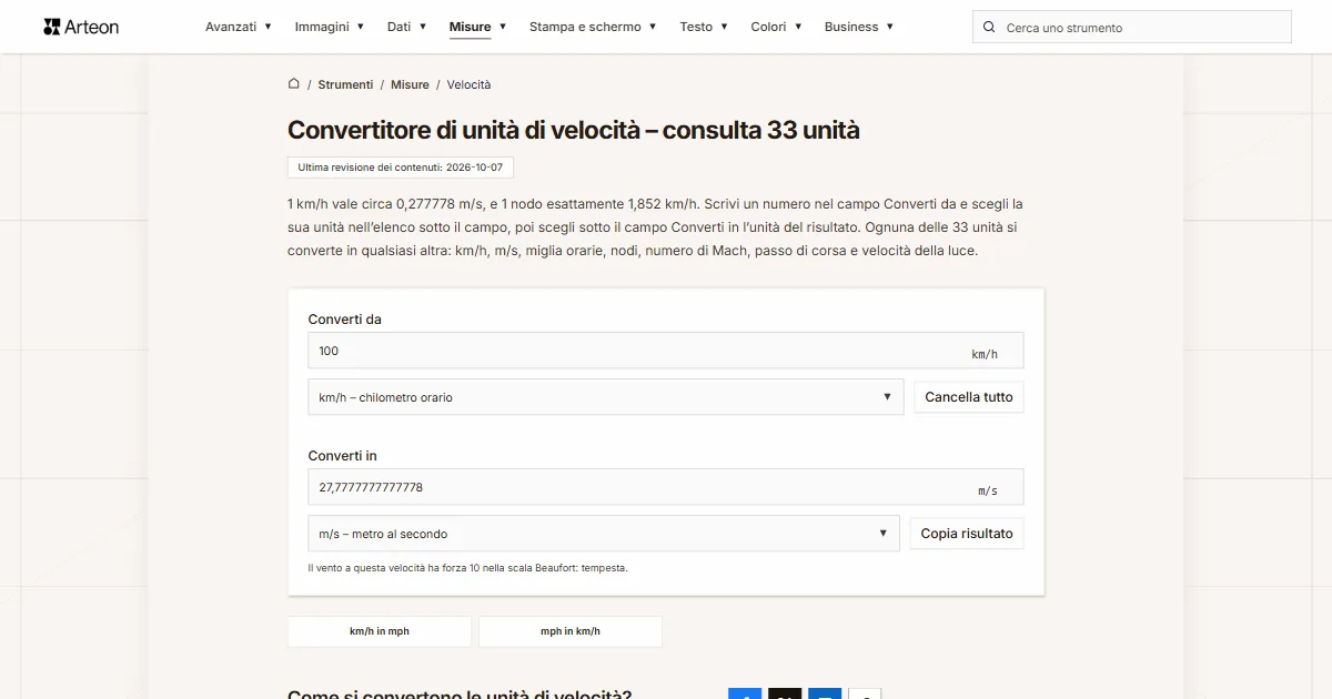 Screenshot dello strumento gratuito Arteon: Convertitore di unità di velocità – consulta 33 unità