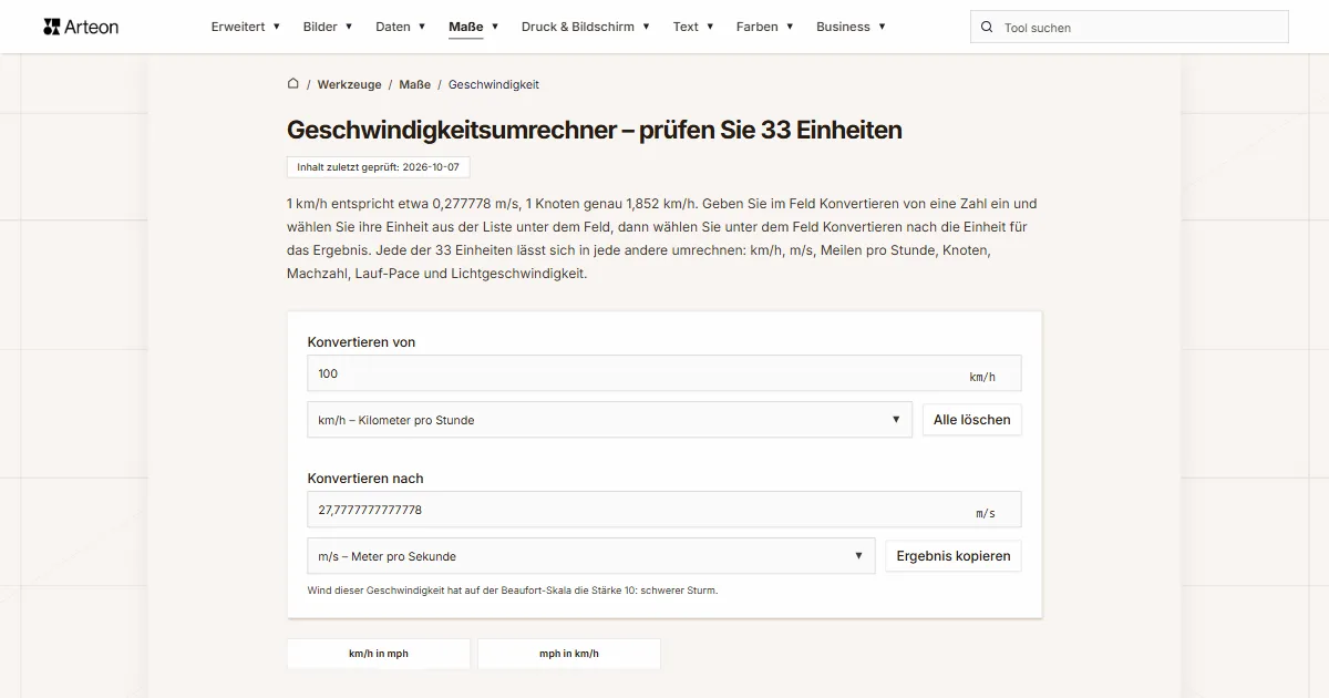 Screenshot des kostenlosen Arteon-Werkzeugs: Geschwindigkeitsumrechner – prüfen Sie 33 Einheiten