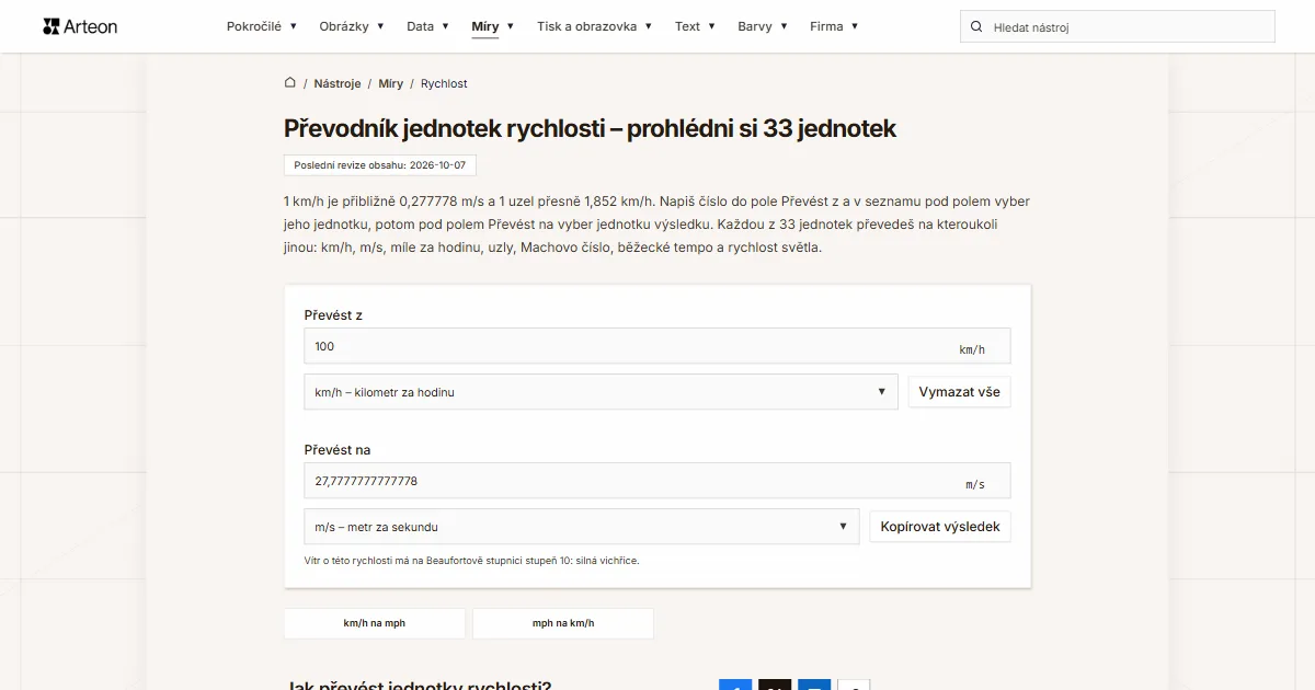 Snímek obrazovky bezplatného nástroje Arteon: Převodník jednotek rychlosti – prohlédni si 33 jednotek
