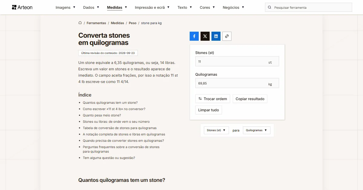 Captura de ecrã da ferramenta gratuita da Arteon: Converta stones em quilogramas