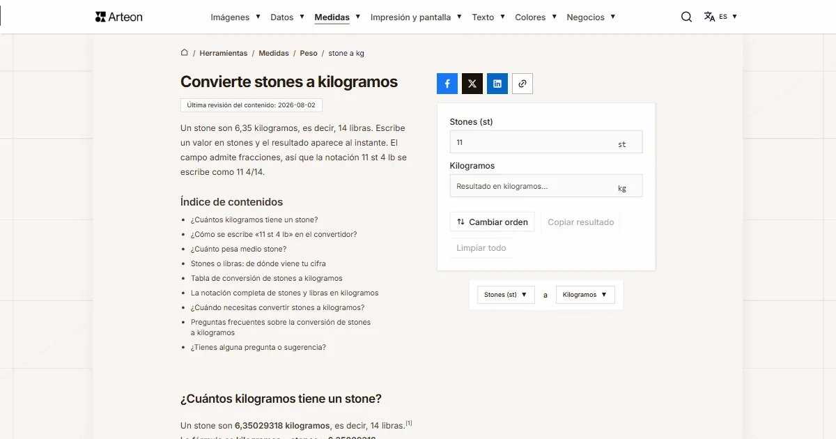 Captura de pantalla de la herramienta gratuita de Arteon: Convierte stones a kilogramos