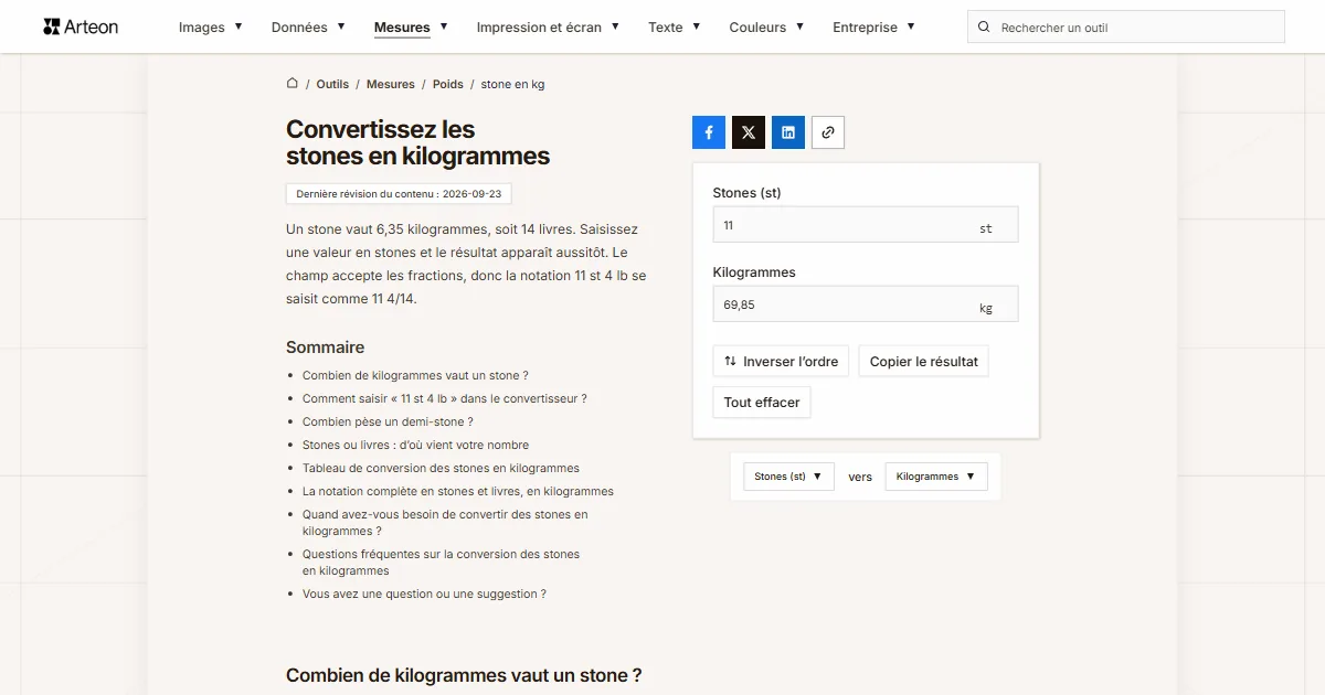 Capture d'écran de l'outil gratuit d'Arteon: Convertissez les stones en kilogrammes