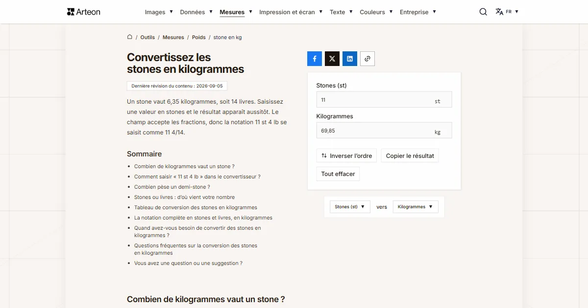 Capture d'écran de l'outil gratuit d'Arteon: Convertissez les stones en kilogrammes