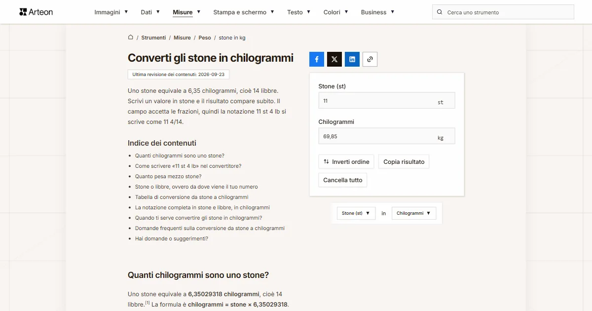 Screenshot dello strumento gratuito Arteon: Converti gli stone in chilogrammi