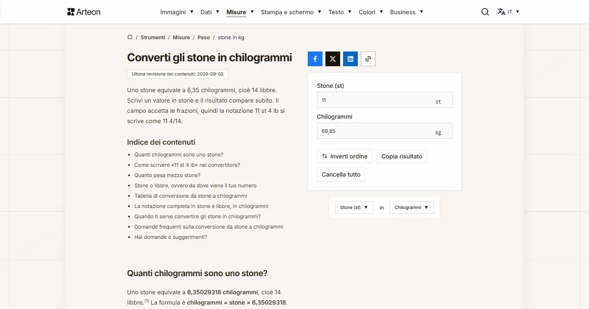 Screenshot dello strumento gratuito Arteon: Converti gli stone in chilogrammi