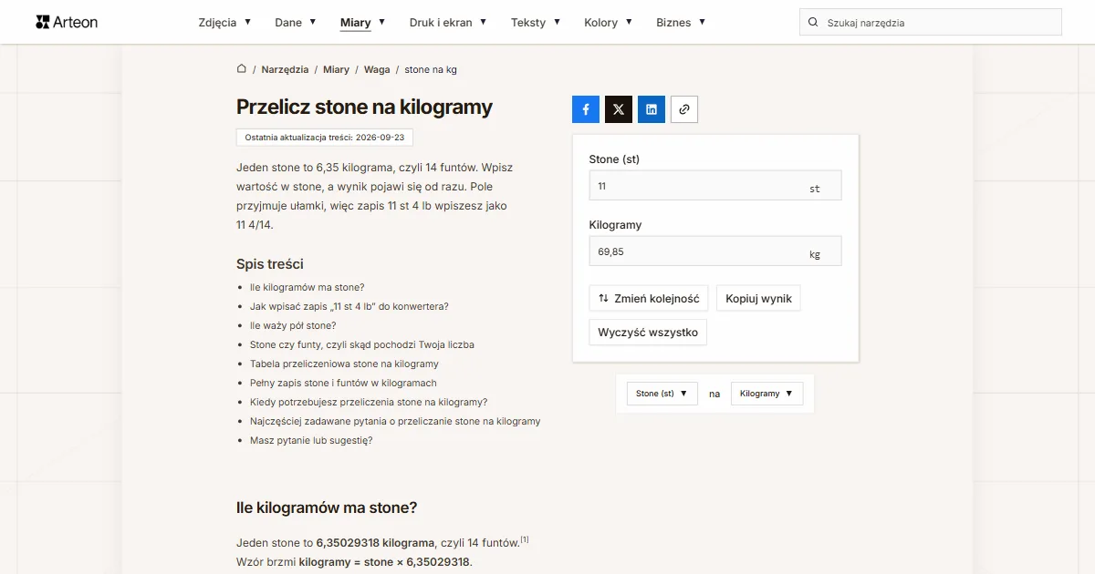 Zrzut ekranu darmowego narzędzia Arteon: Przelicz stone na kilogramy
