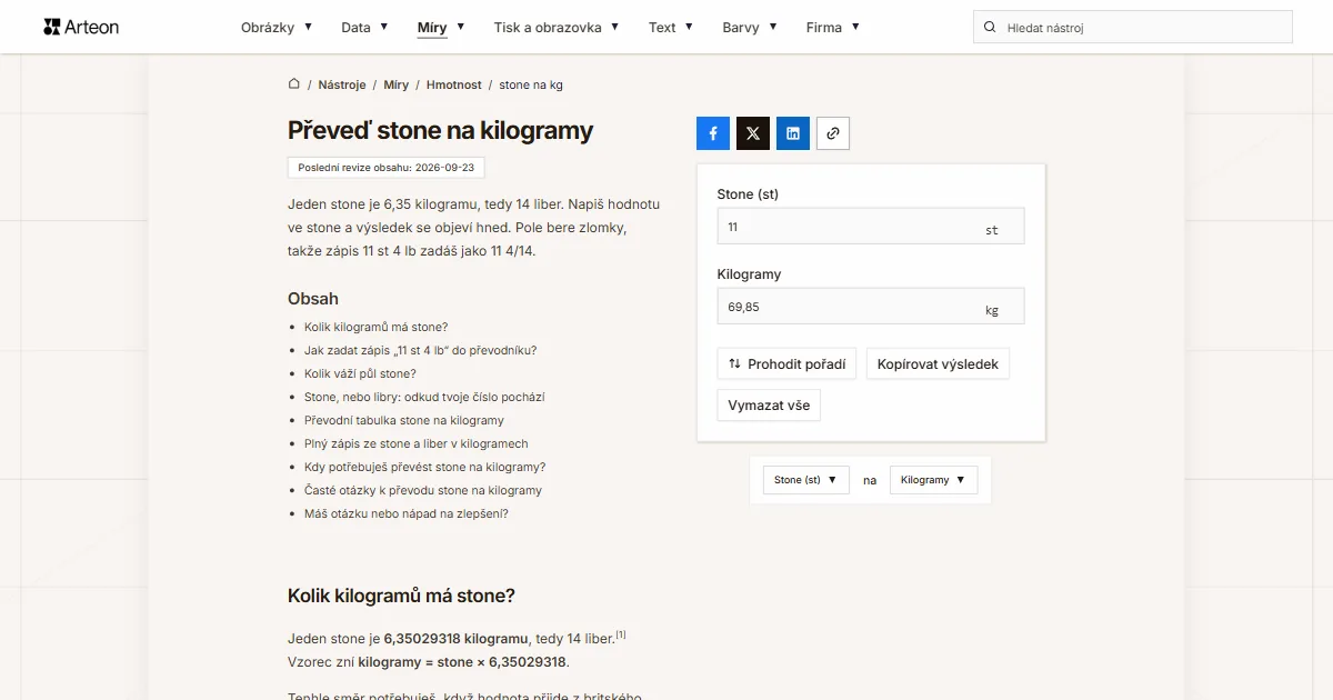 Snímek obrazovky bezplatného nástroje Arteon: Převeď stone na kilogramy
