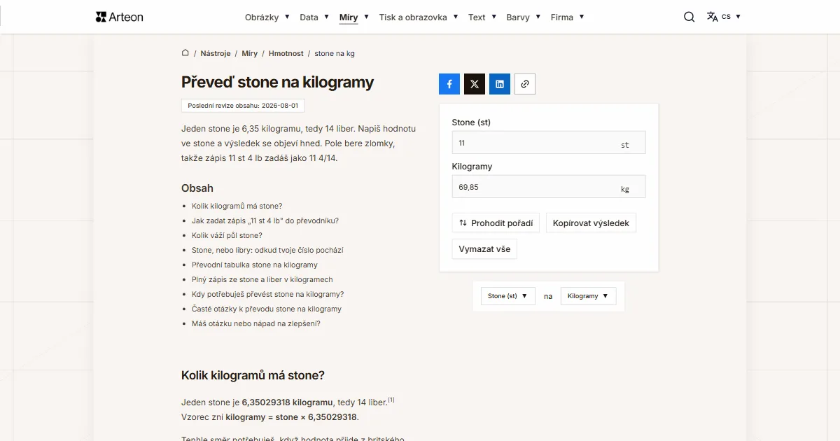 Snímek obrazovky bezplatného nástroje Arteon: Převeď stone na kilogramy