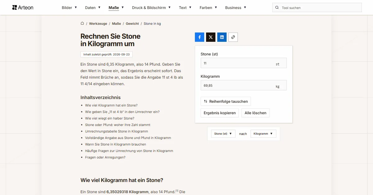 Screenshot des kostenlosen Arteon-Werkzeugs: Rechnen Sie Stone in Kilogramm um