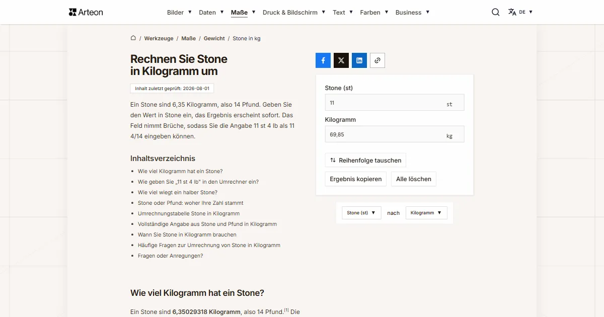 Screenshot des kostenlosen Arteon-Werkzeugs: Rechnen Sie Stone in Kilogramm um