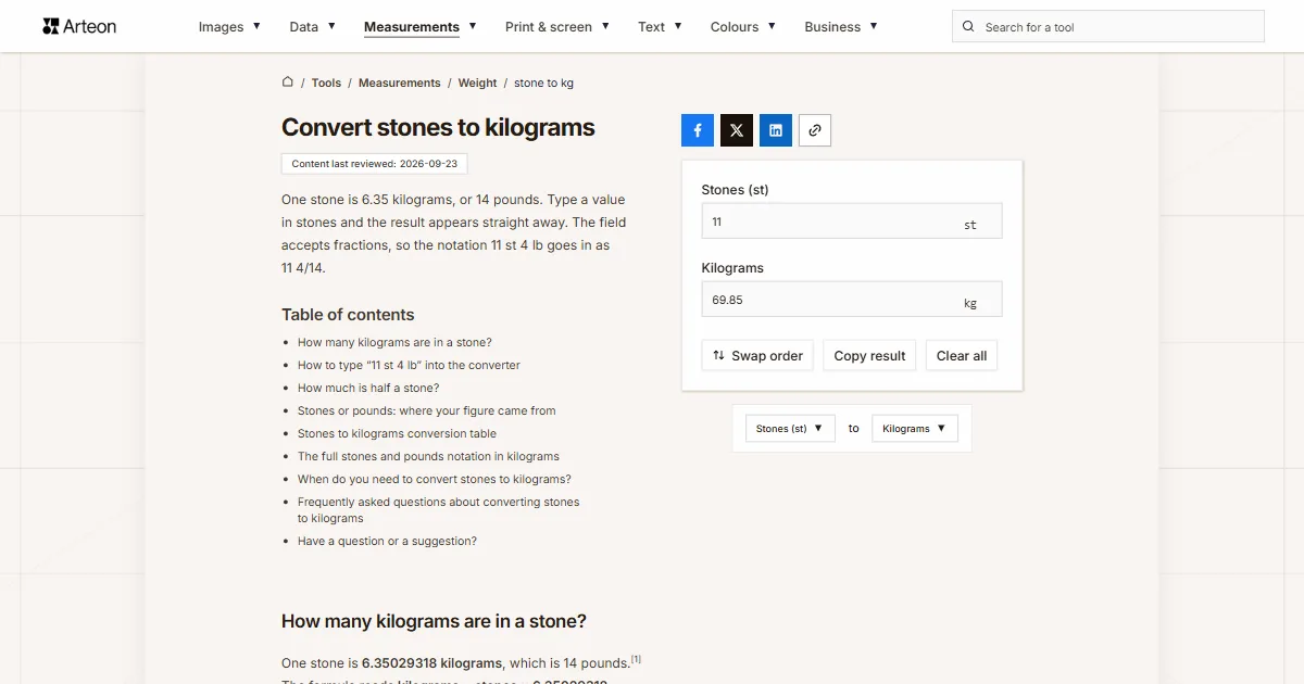 Arteon free tool screenshot: Convert stones to kilograms