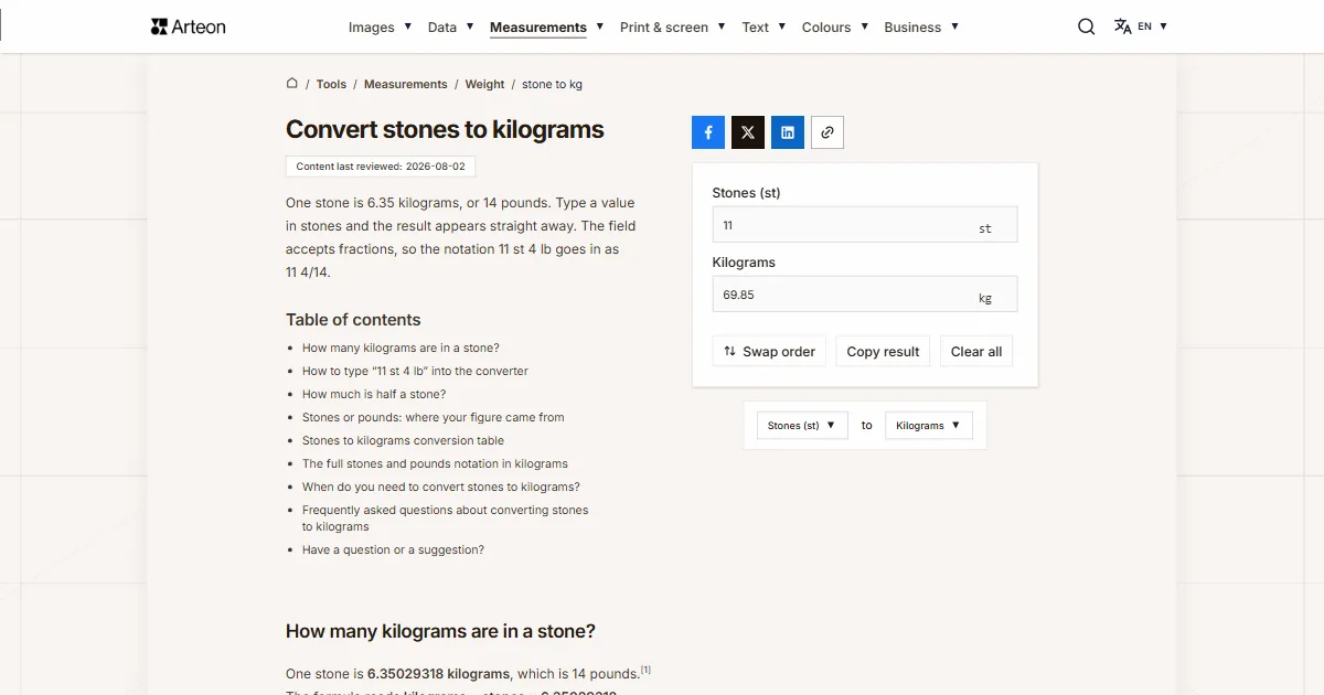 Arteon free tool screenshot: Convert stones to kilograms