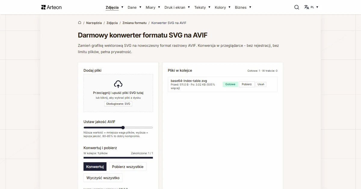 Zrzut ekranu darmowego narzędzia Arteon: Darmowy konwerter formatu SVG na AVIF
