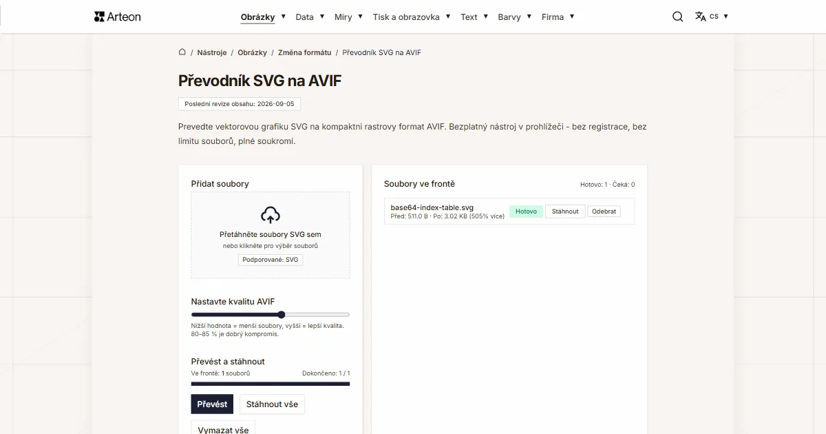 Snímek obrazovky bezplatného nástroje Arteon: Převodník SVG na AVIF