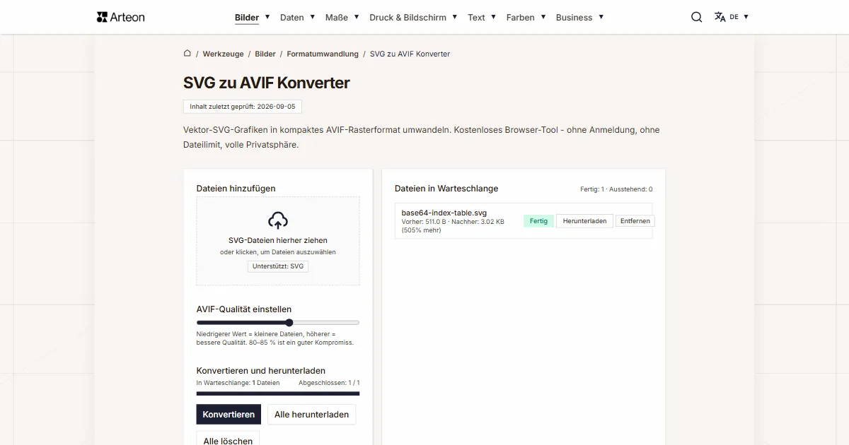 Screenshot des kostenlosen Arteon-Werkzeugs: SVG zu AVIF Konverter